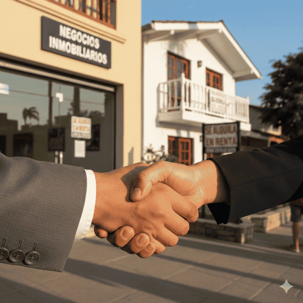 Asesor inmobiliario cerrando un trato de renta de local en Tula de Allende.